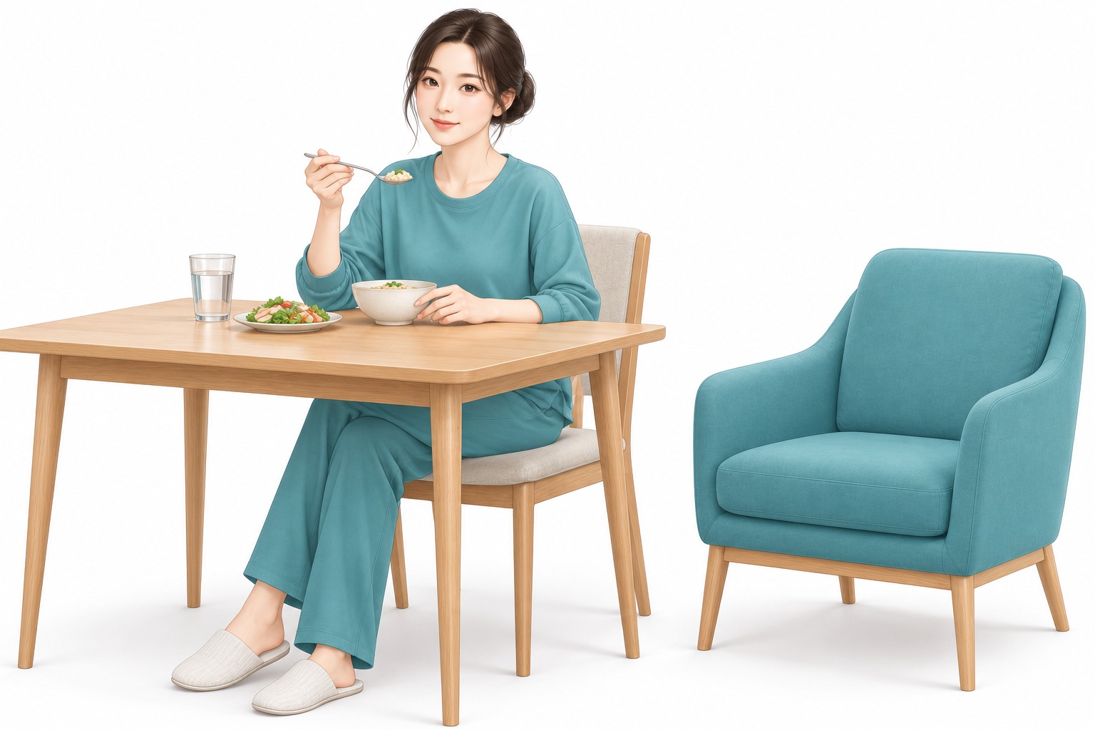 청록색 편한 상의를 입은 성인 여성이 식탁에서 식사를 하고 있고, 식탁 위에 물 한 잔이, 곁에는 앉아 쉴 수 있는 안락의자가 놓여 있는 일러스트