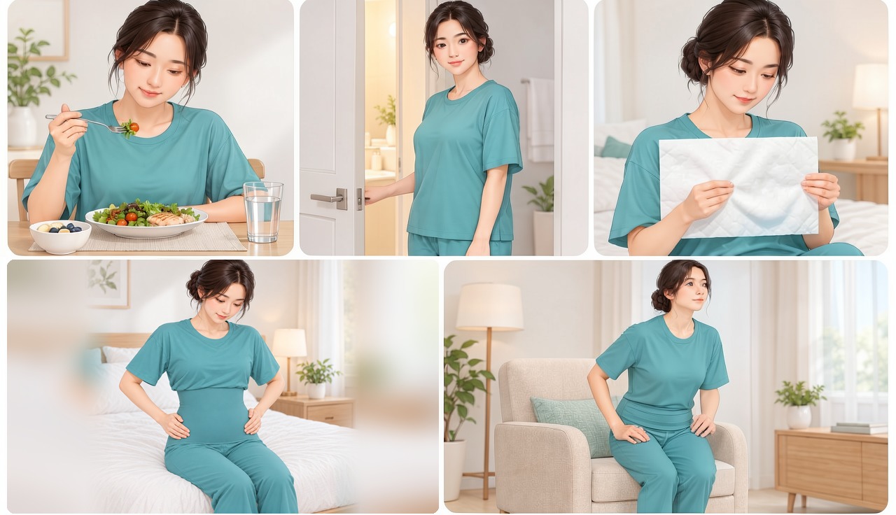 같은 여성이 식사하기, 욕실 문을 잠그지 않고 열어 두기, 깨끗한 흡수 패드 살펴보기, 입은 압박복의 옆구리 접힘을 손으로 부드럽게 확인하기, 의자에서 천천히 일어나기의 다섯 장면을 나란히 그린 일러스트