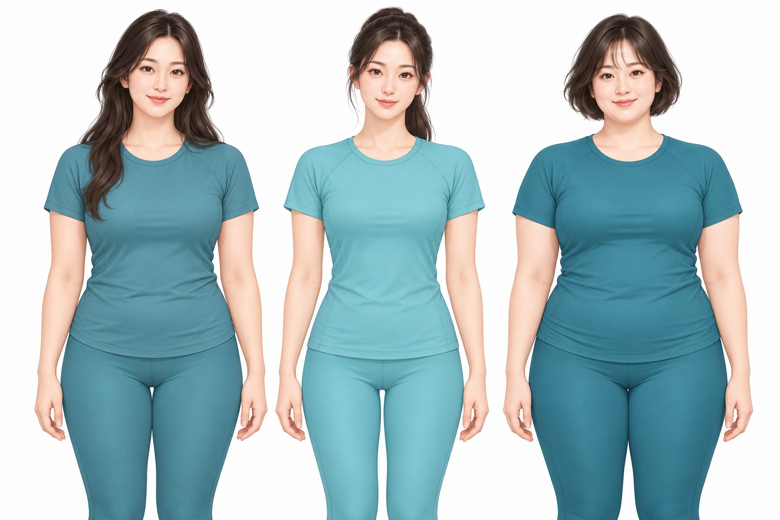 체형과 복부 윤곽이 서로 다른 성인 여성 세 명이 청록색 계열의 몸에 맞는 옷을 입고 같은 크기로 나란히 서 있는 일러스트